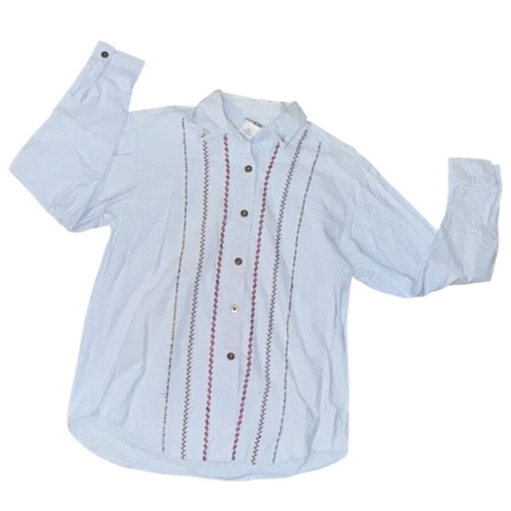Koret City Blues Embroidered Button-Up Shirt 100% Cotton Blue With Red & Green A
